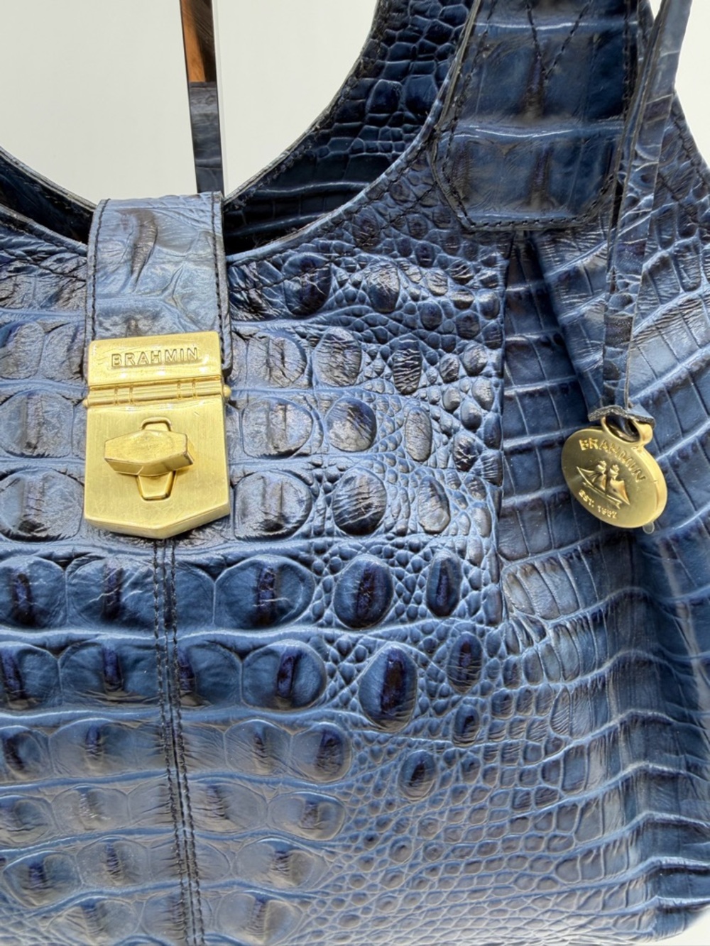 VTG Brahmin Melbourne Celia Crocs Embossed Leather Shoulder Bag Satchel Blue - Picture 14 of 14